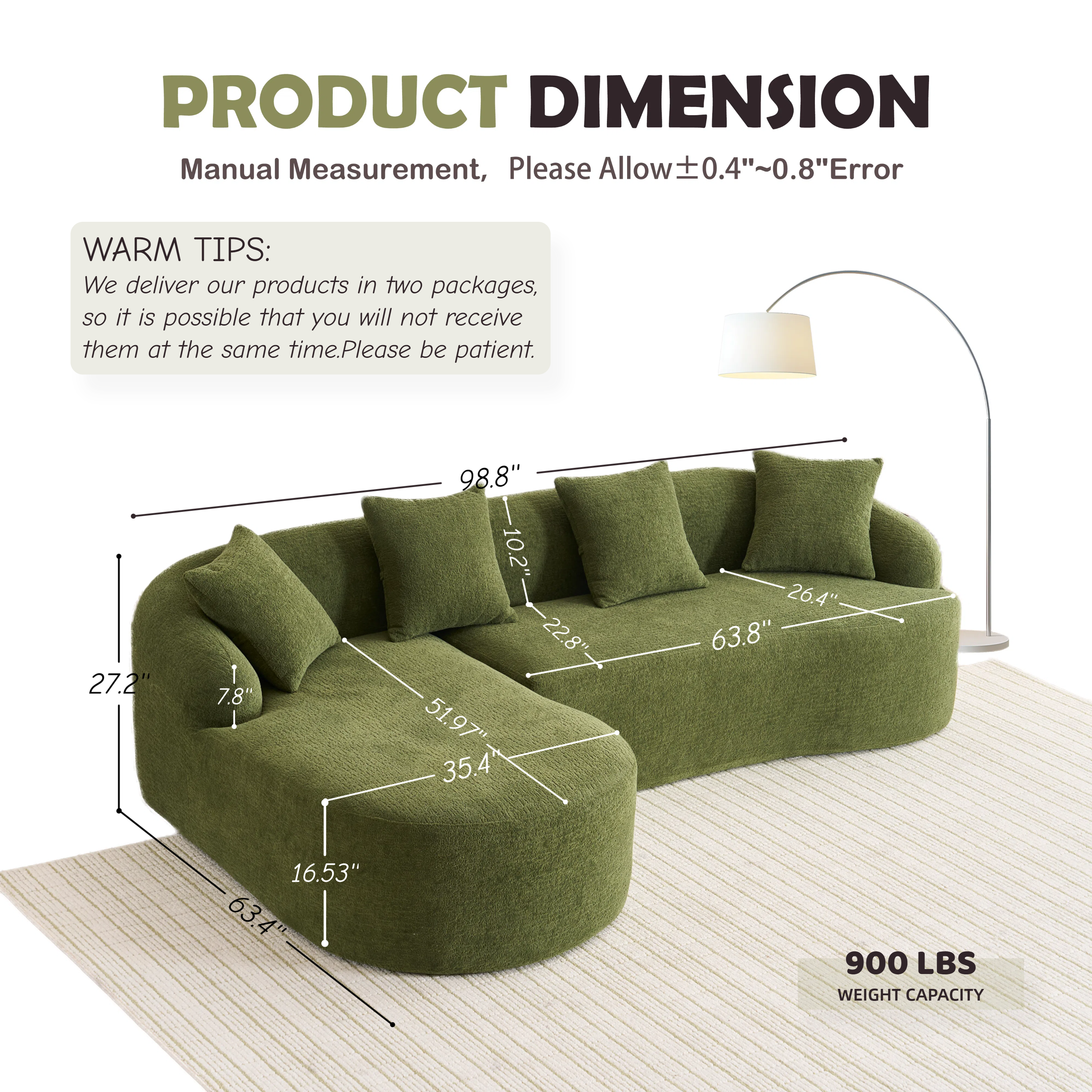 Shape Sectional Sofa with Curved Chaise, Green Modular Chenille Couch Featuring Full Compression 30D High - Density Sponge, 900 lbs. Load - Bearing for Apartment Living Room