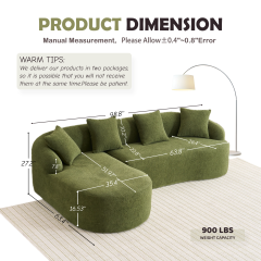 Shape Sectional Sofa with Curved Chaise, Green Modular Chenille Couch Featuring Full Compression 30D High - Density Sponge, 900 lbs. Load - Bearing for Apartment Living Room