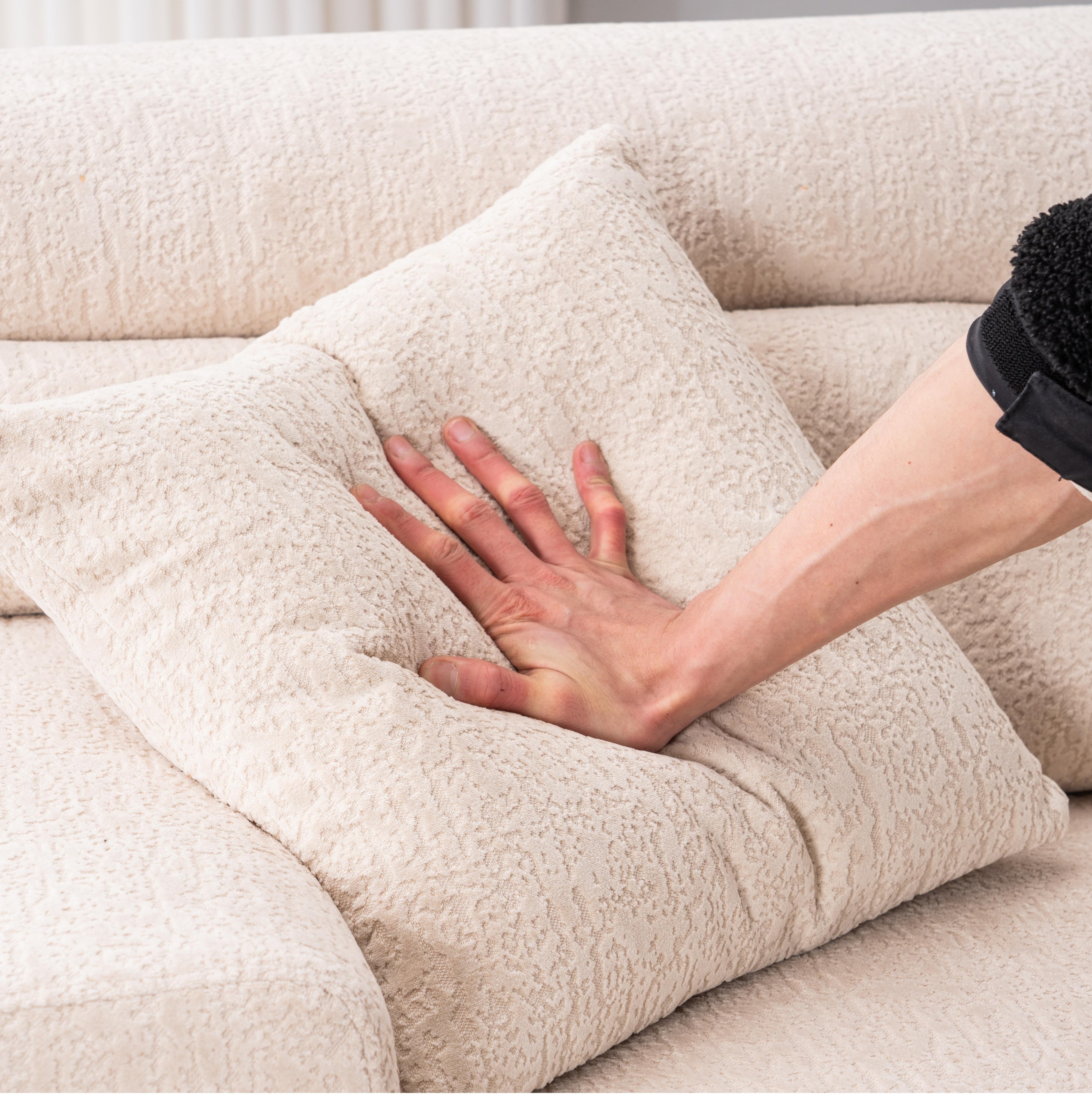 APRICOT COMPRESSION SOFA: It is a 4 - seater combined sofa. Adopting Wood Grain Chenille fabric and full - sponge compression design. This combined sofa comes with 2 pillows, suitable for living rooms, home furniture setups, and apartments.