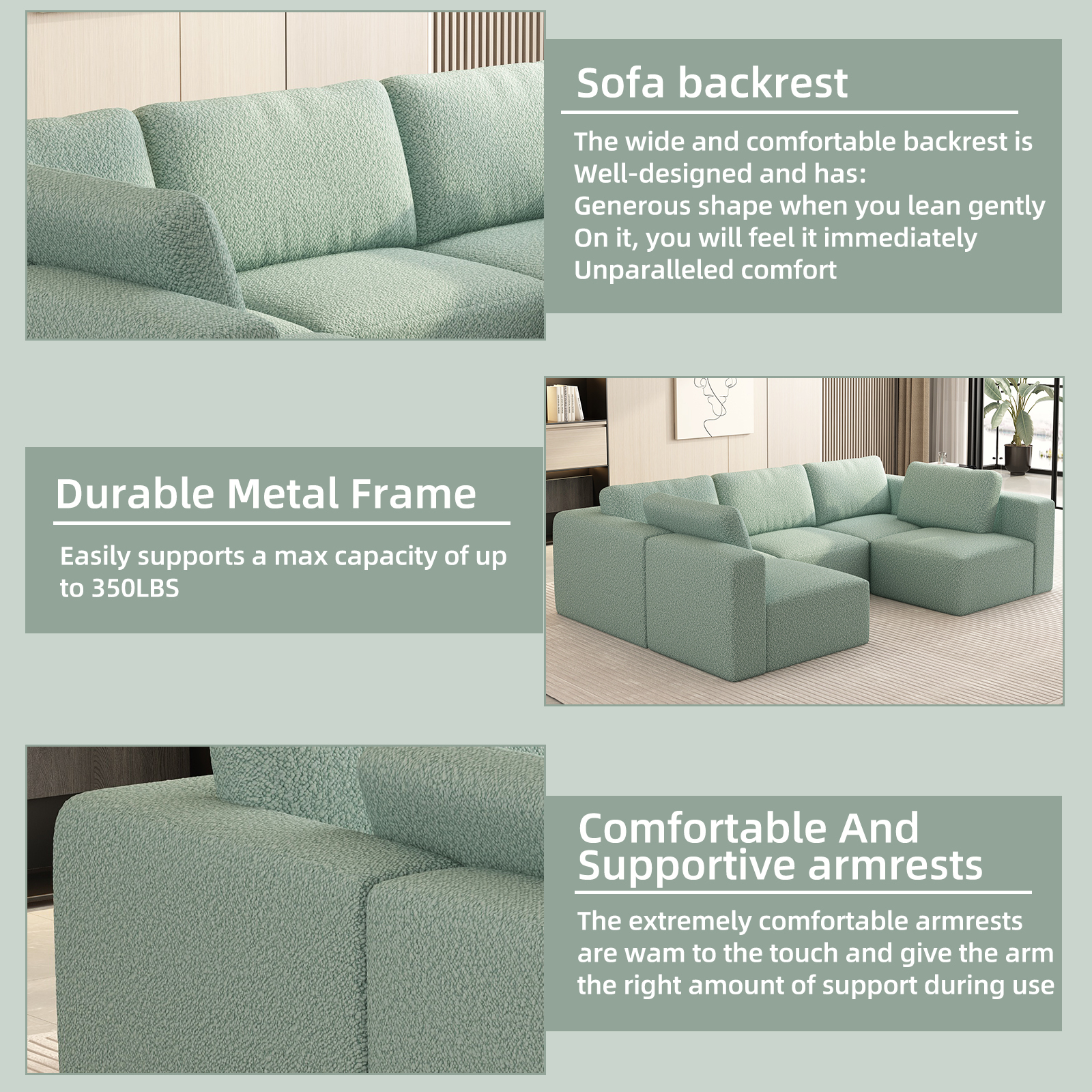 104.32*70.86 Modular Sectional Sofa Sleeper Couch – U - Shaped Convertible Set with Chaise, Ottoman, Compressed Sponge, Light Green (Combo 3A + 2B)