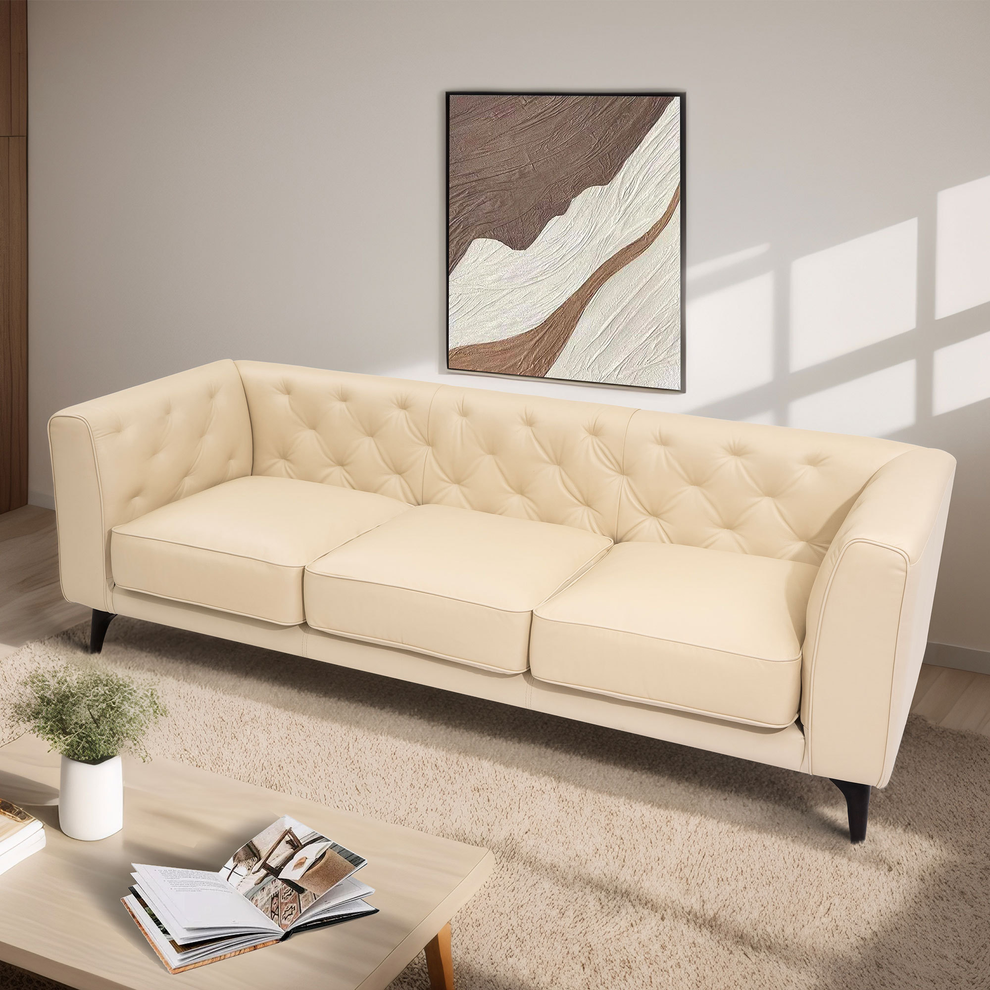 92.52 Inch 3 - Seater Genuine Leather Tufted Sofa, Beige Grain Leather Couch with Feather Fill, Extra Deep Seats – Comfy Living Room & Apartment Sofa