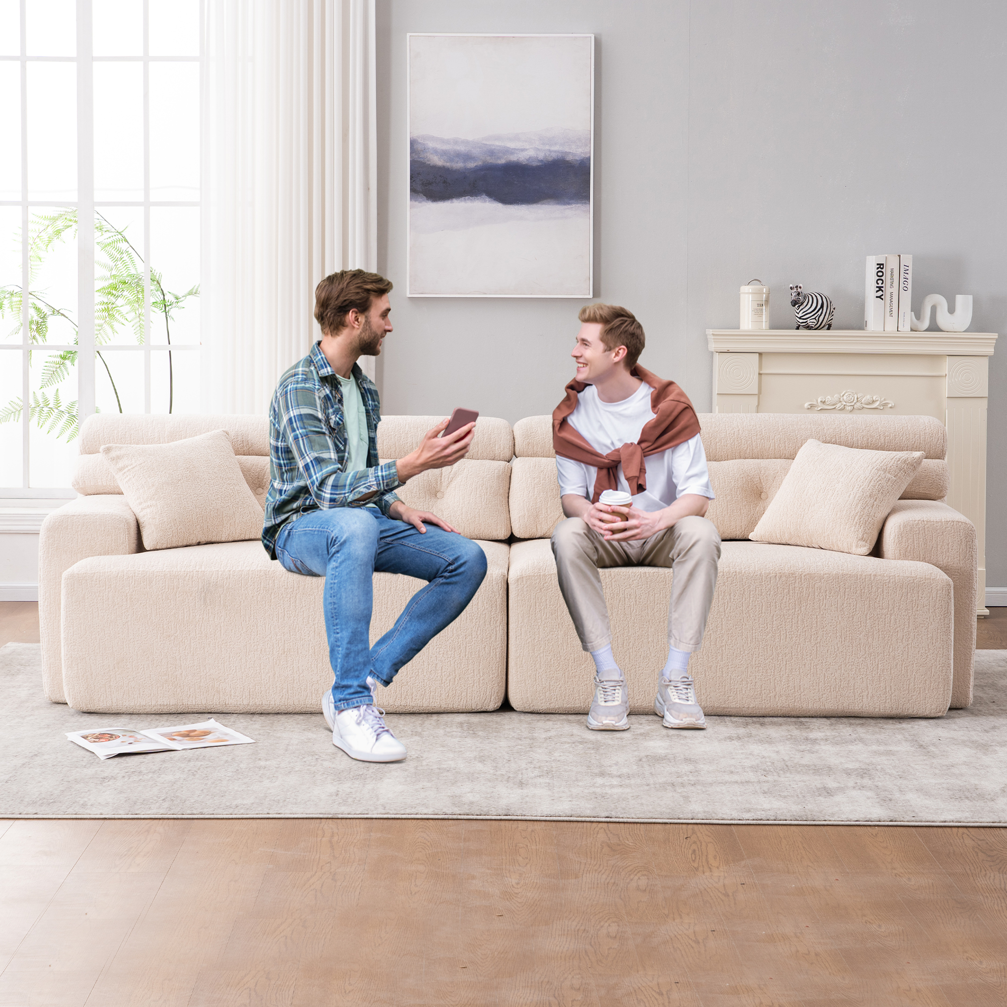 APRICOT COMPRESSION SOFA: It is a 4 - seater combined sofa. Adopting Wood Grain Chenille fabric and full - sponge compression design. This combined sofa comes with 2 pillows, suitable for living rooms, home furniture setups, and apartments.