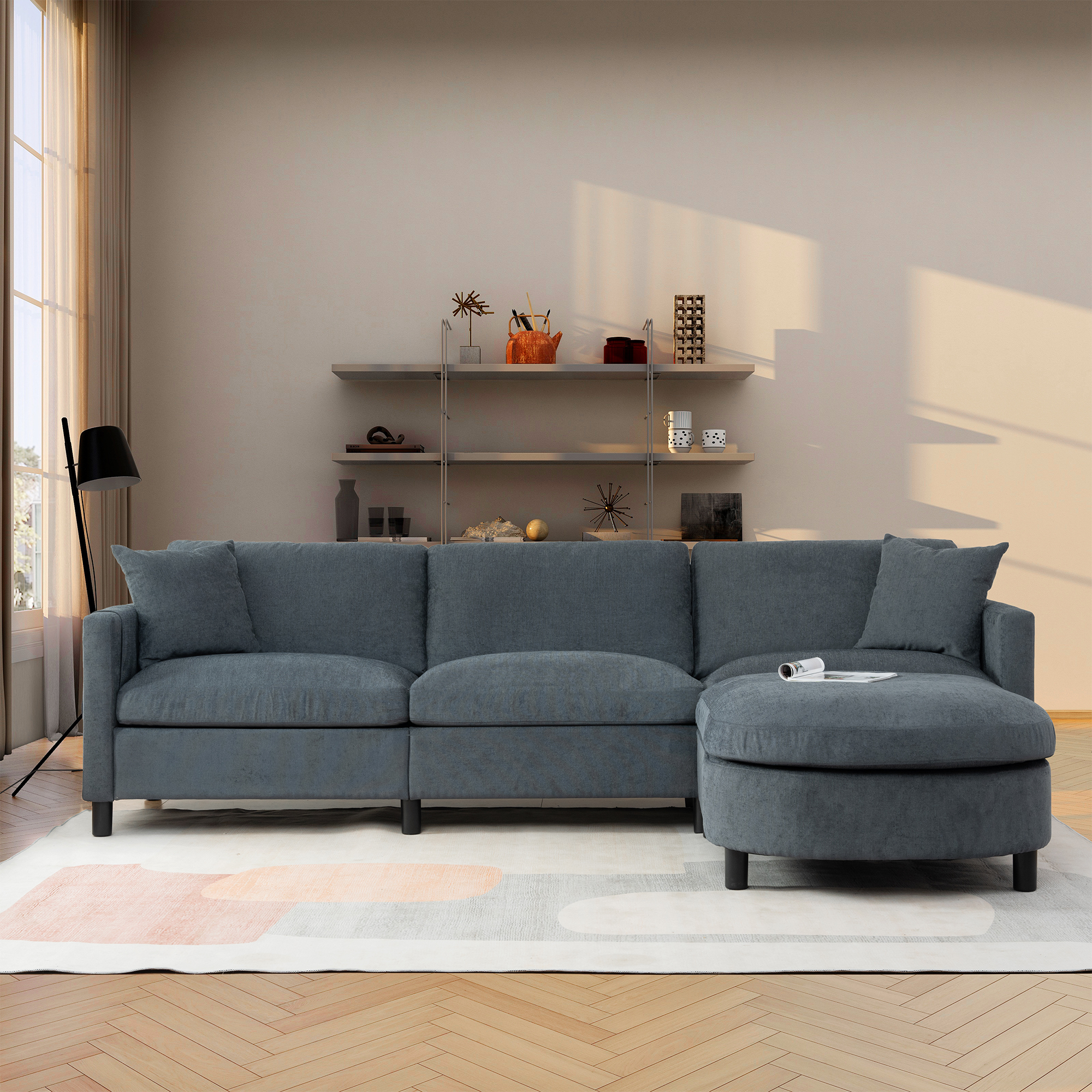 107.87" Sectional Sofa Couch with 1 Ottoman – Removable Seat & Back Cushions