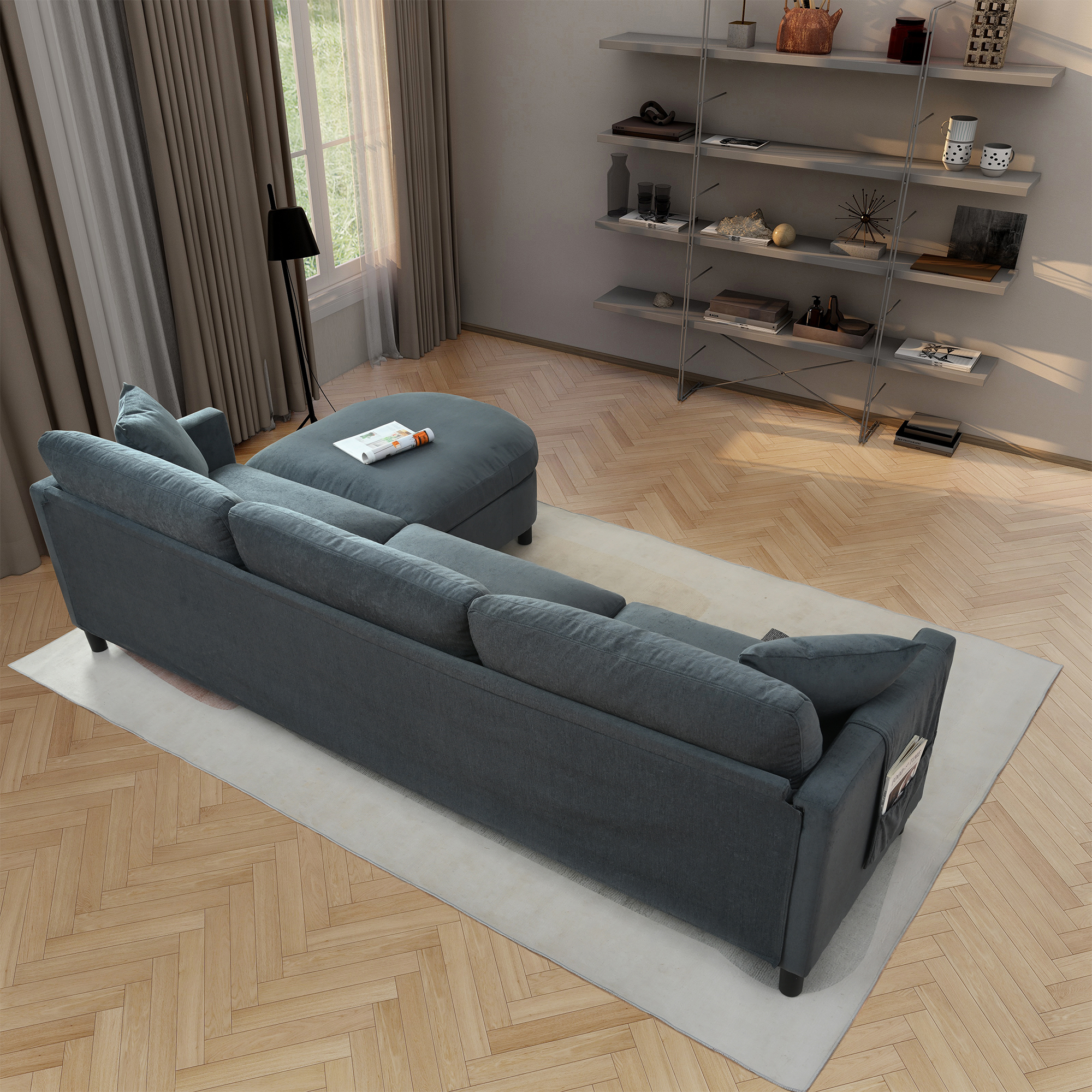 107.87" Sectional Sofa Couch with 1 Ottoman – Removable Seat & Back Cushions