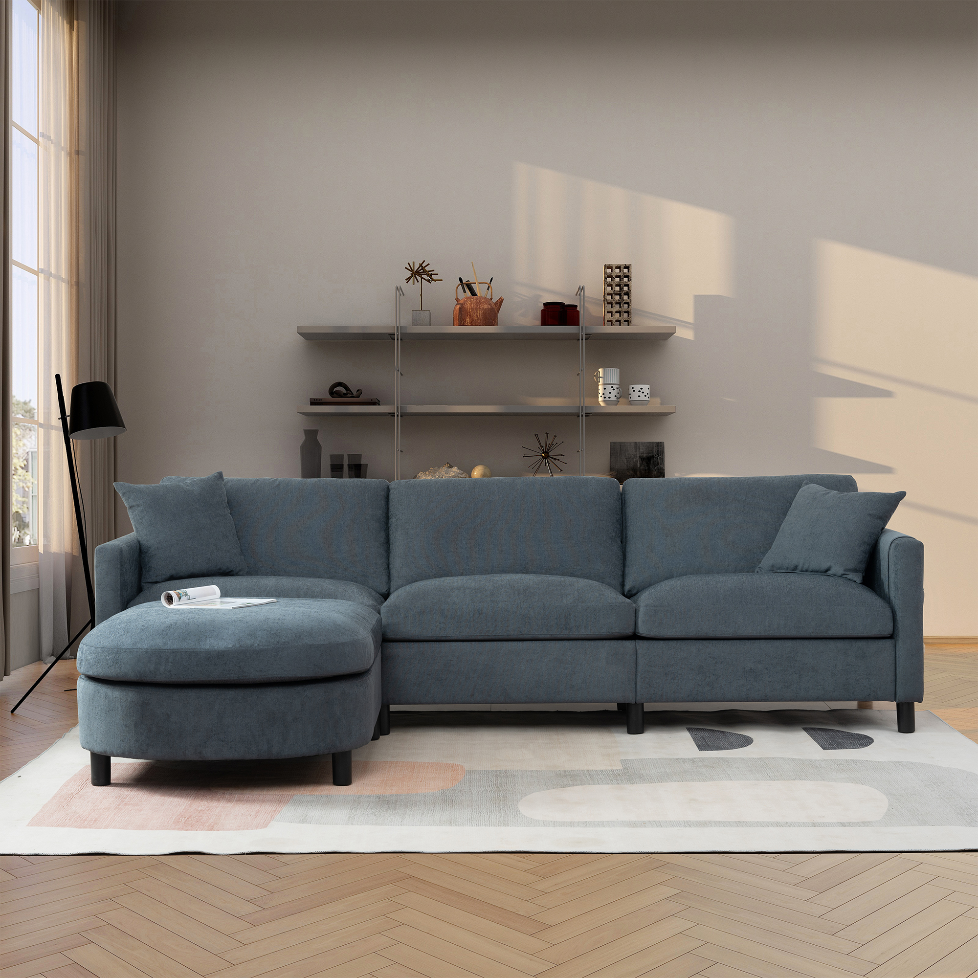 107.87" Sectional Sofa Couch with 1 Ottoman – Removable Seat & Back Cushions