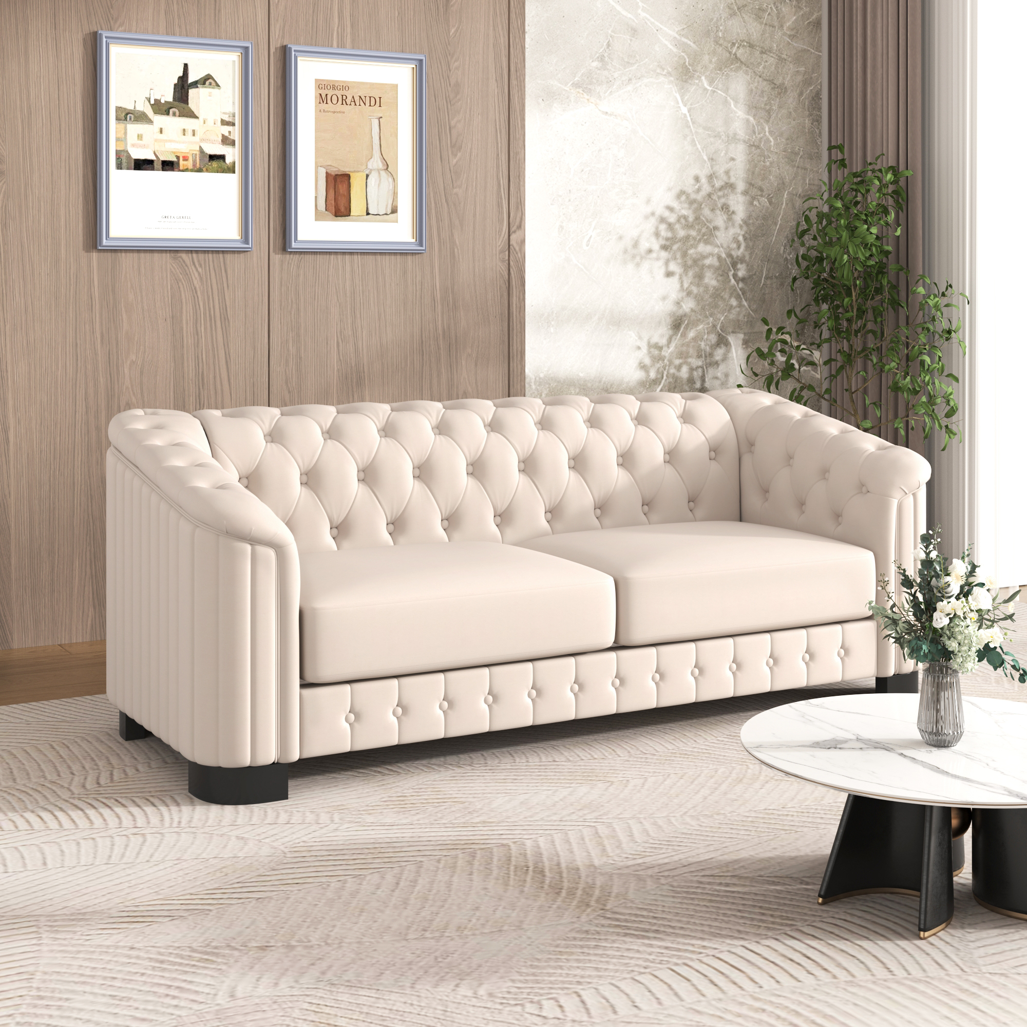82.4" Mid Century Modern Sofa with Rubber Wood Legs,Velvet Upholstered Sofa Couch,Sofa with Thick Removable Seat Cushion, 3 Seater Sofa Couch for Living Room，Beige