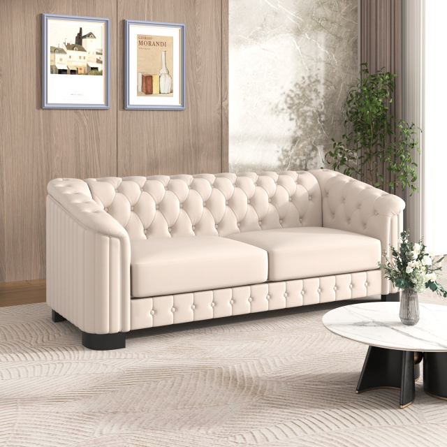 82.4" Mid Century Modern Sofa with Rubber Wood Legs,Velvet Upholstered Sofa Couch,Sofa with Thick Removable Seat Cushion, 3 Seater Sofa Couch for Living Room，Beige