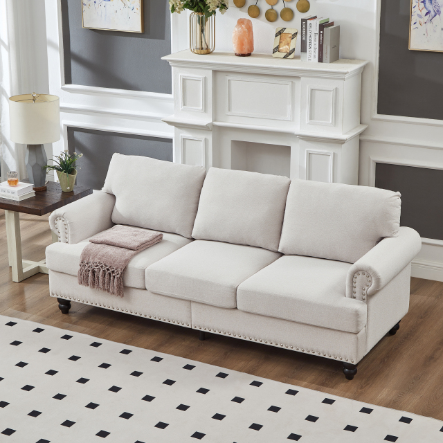 83" Modern Classic Three - Seater Living Room Sofa with Nailhead Trim, Fabric Couch, Polyester Upholstered in Beige