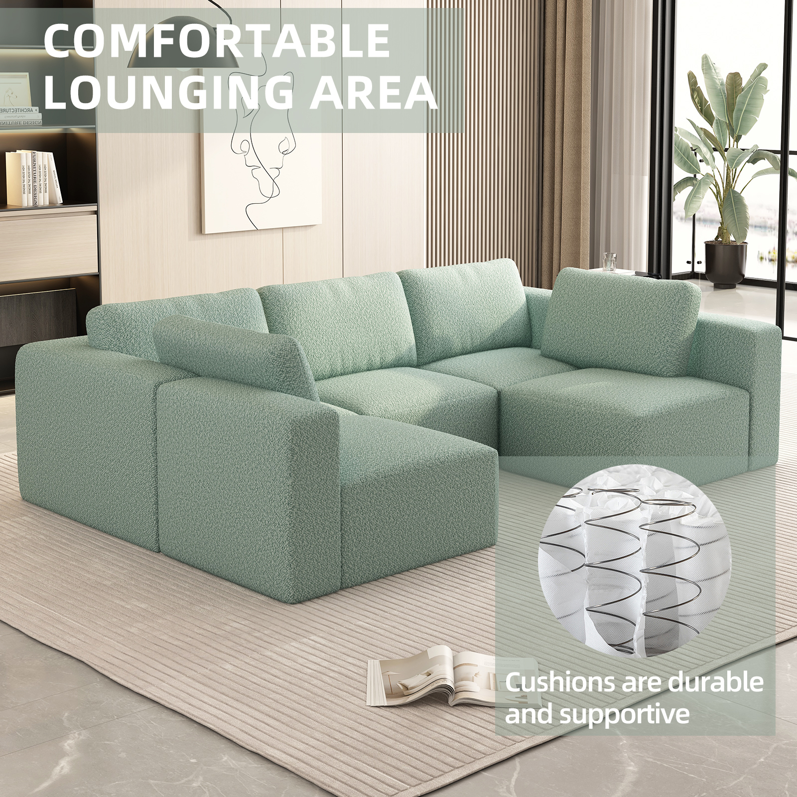 104.32*70.86 Modular Sectional Sofa Sleeper Couch – U - Shaped Convertible Set with Chaise, Ottoman, Compressed Sponge, Light Green (Combo 3A + 2B)