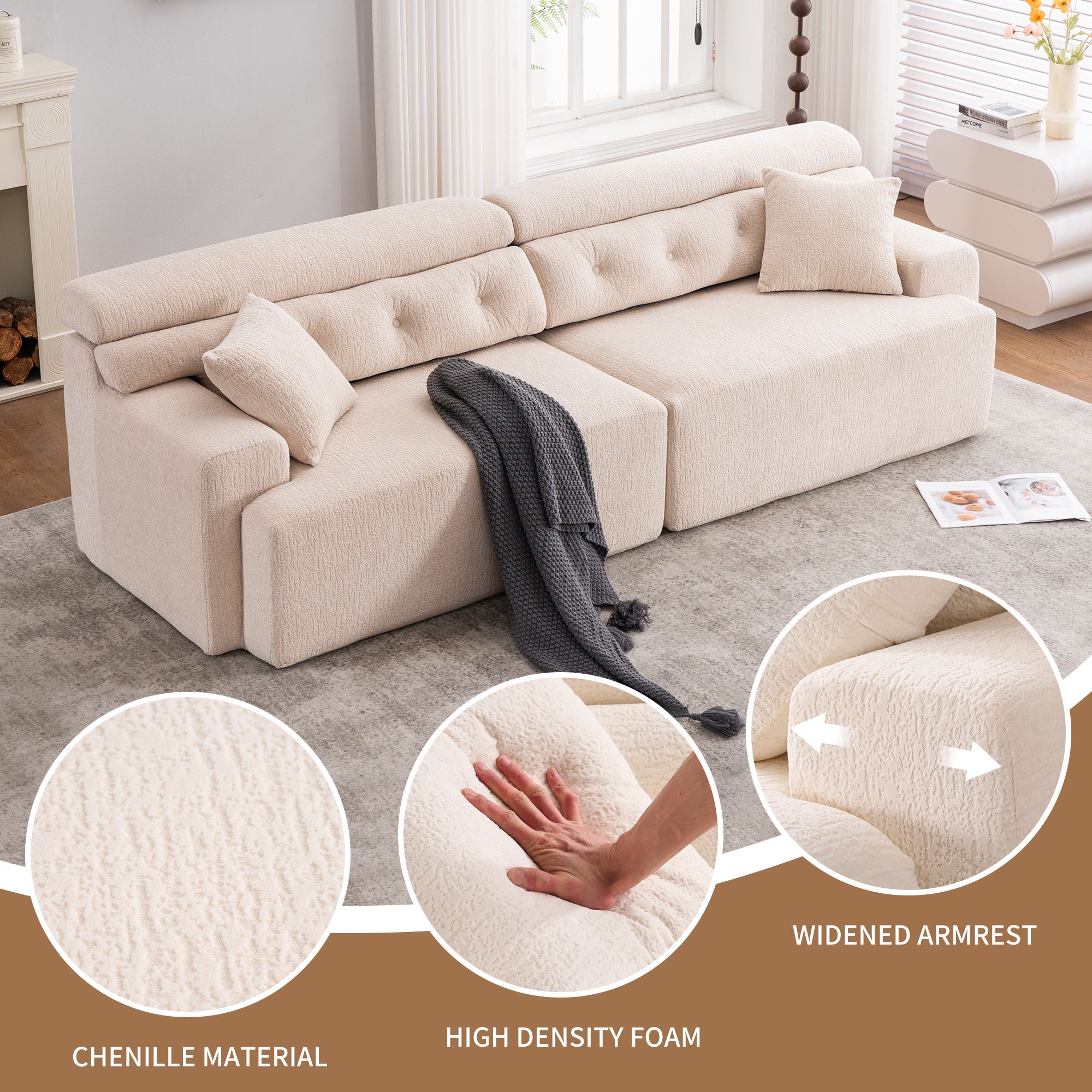 APRICOT COMPRESSION SOFA: It is a 4 - seater combined sofa. Adopting Wood Grain Chenille fabric and full - sponge compression design. This combined sofa comes with 2 pillows, suitable for living rooms, home furniture setups, and apartments.