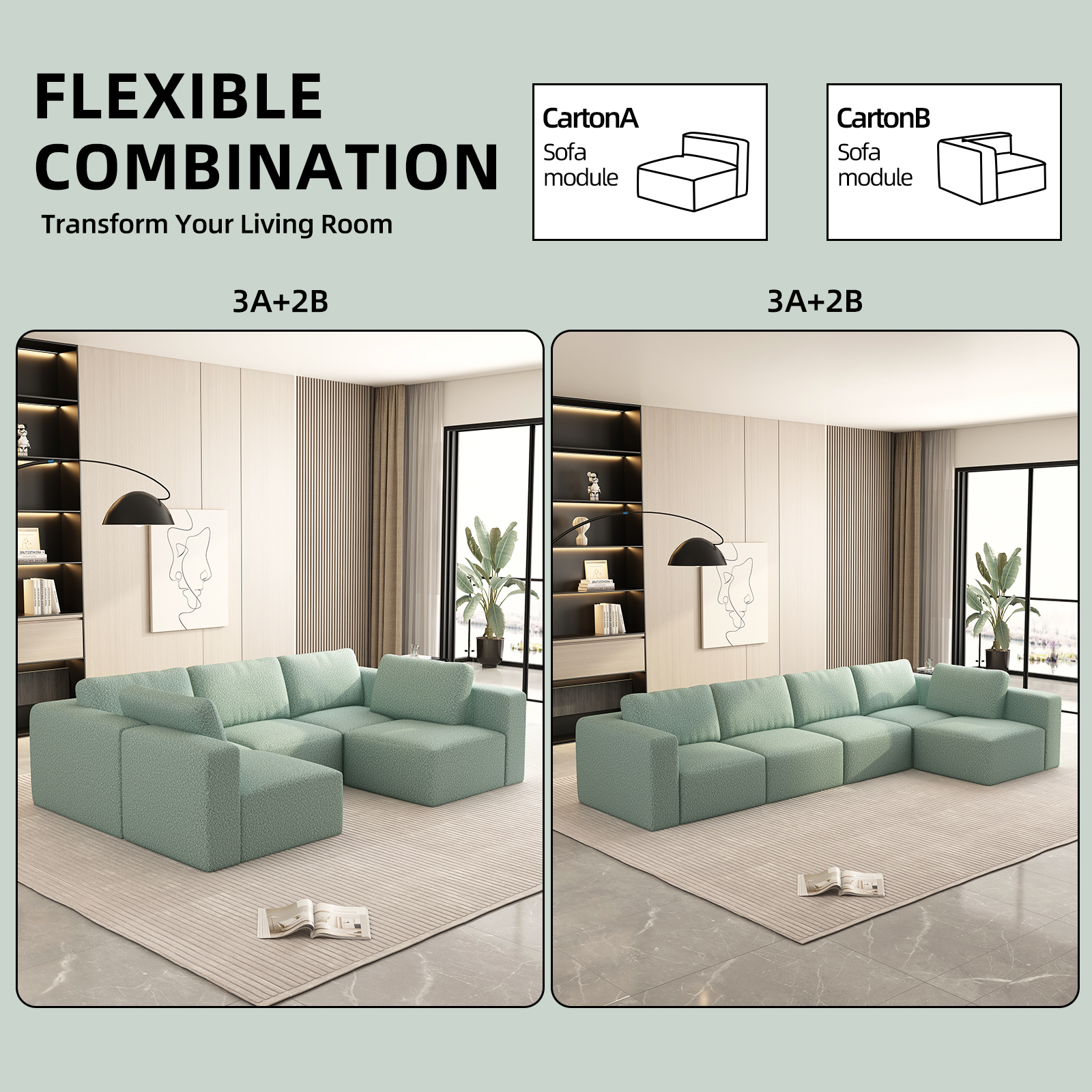 104.32*70.86 Modular Sectional Sofa Sleeper Couch – U - Shaped Convertible Set with Chaise, Ottoman, Compressed Sponge, Light Green (Combo 3A + 2B)