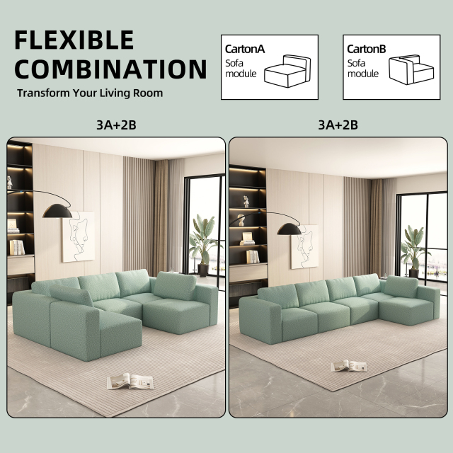 104.32*70.86 Modular Sectional Sofa Sleeper Couch – U - Shaped Convertible Set with Chaise, Ottoman, Compressed Sponge, Light Green (Combo 3A + 2B)