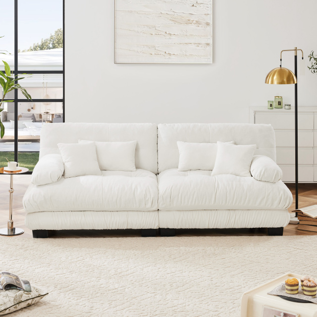 Elevate Your Living Room Ambience with This 2 - Seater Cloud Couch! Chenille White Design, Boasting 2 Lumbar Pillows & 2 Throw Pillows for Unmatched Comfort