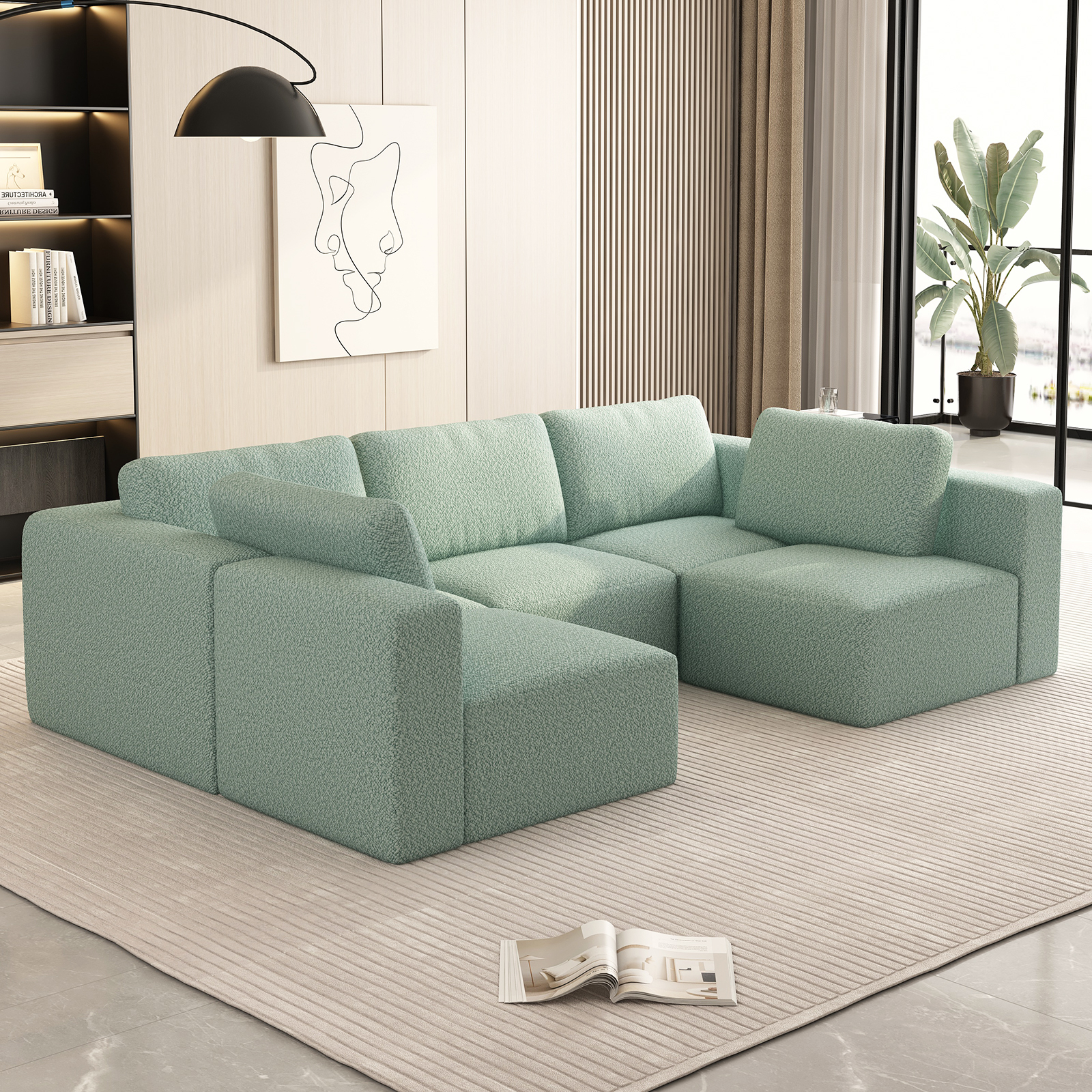 104.32*70.86 Modular Sectional Sofa Sleeper Couch – U - Shaped Convertible Set with Chaise, Ottoman, Compressed Sponge, Light Green (Combo 3A + 2B)
