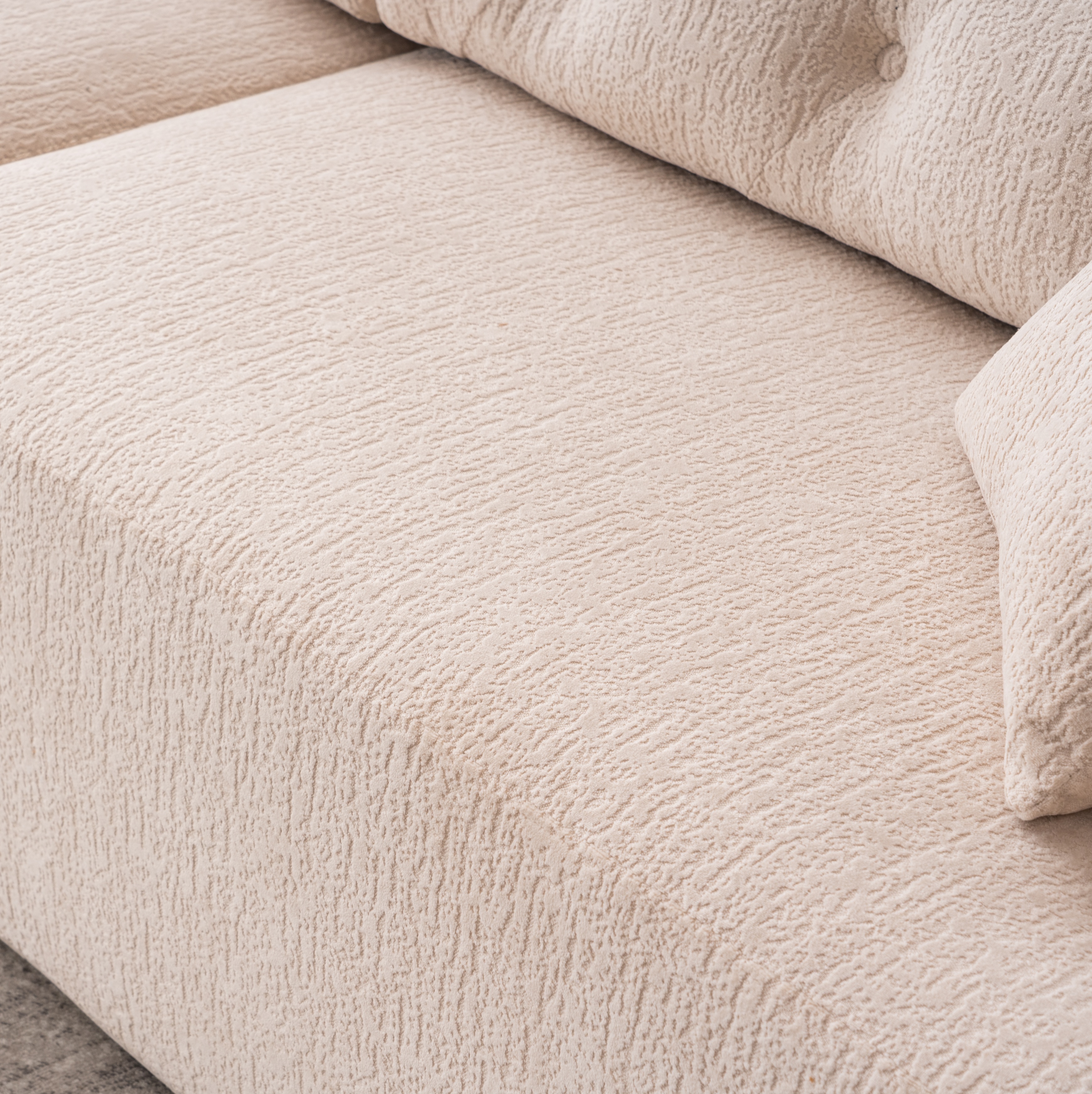 APRICOT COMPRESSION SOFA: It is a 4 - seater combined sofa. Adopting Wood Grain Chenille fabric and full - sponge compression design. This combined sofa comes with 2 pillows, suitable for living rooms, home furniture setups, and apartments.