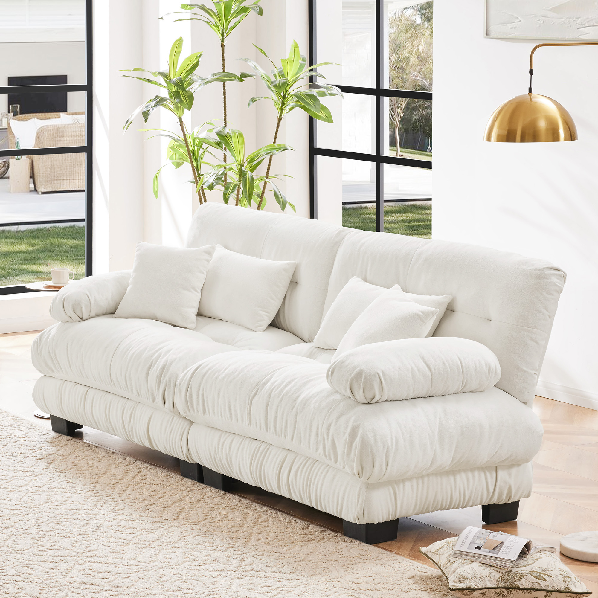 Elevate Your Living Room Ambience with This 2 - Seater Cloud Couch! Chenille White Design, Boasting 2 Lumbar Pillows & 2 Throw Pillows for Unmatched Comfort