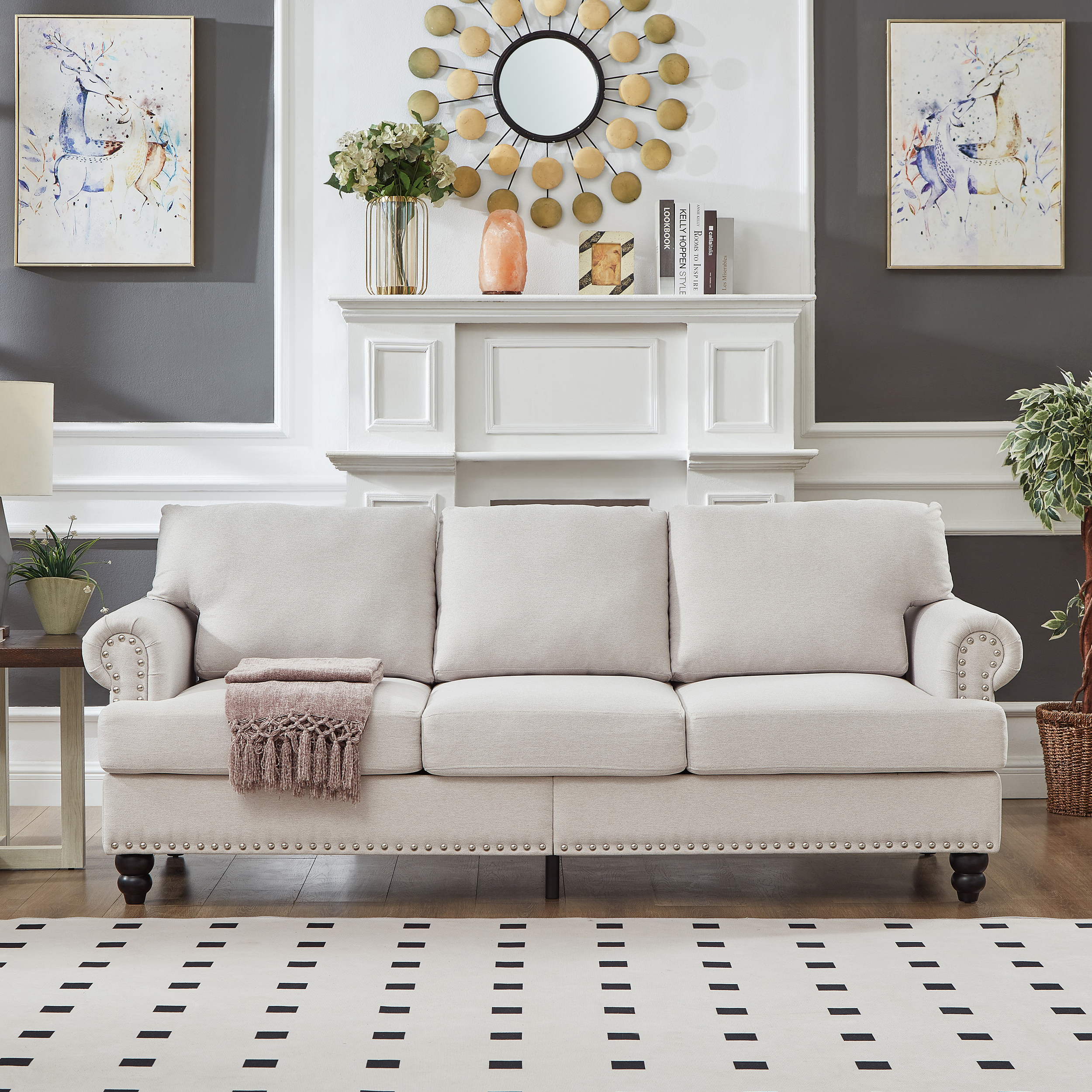 83" Modern Classic Three - Seater Living Room Sofa with Nailhead Trim, Fabric Couch, Polyester Upholstered in Beige