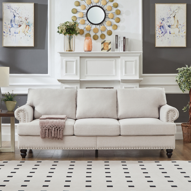 83" Modern Classic Three - Seater Living Room Sofa with Nailhead Trim, Fabric Couch, Polyester Upholstered in Beige
