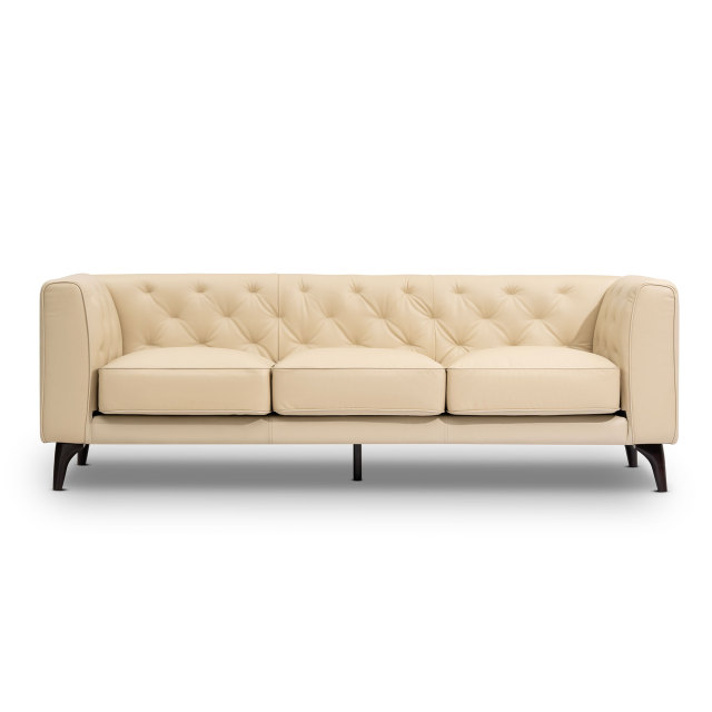 92.52 Inch 3 - Seater Genuine Leather Tufted Sofa, Beige Grain Leather Couch with Feather Fill, Extra Deep Seats – Comfy Living Room & Apartment Sofa
