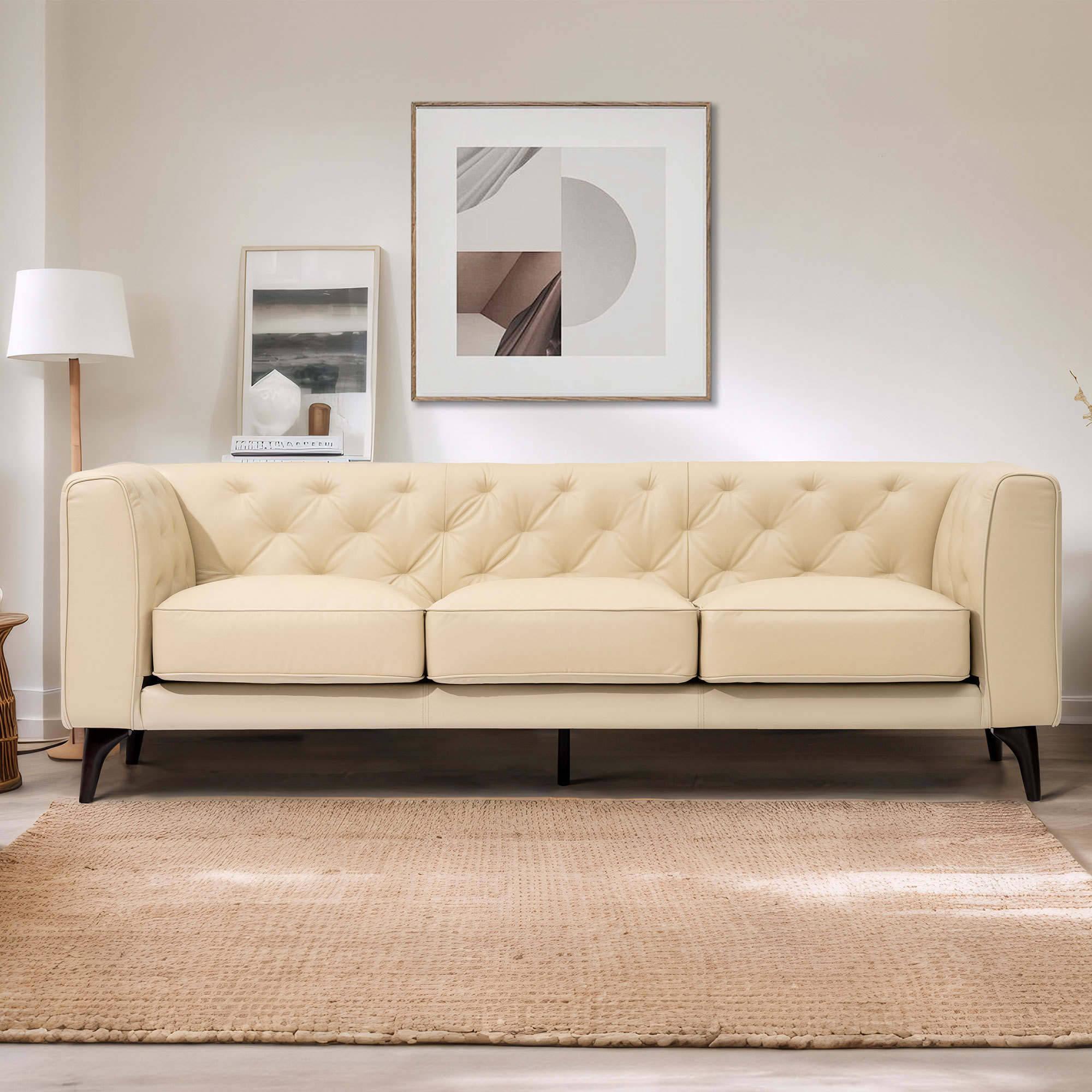 92.52 Inch 3 - Seater Genuine Leather Tufted Sofa, Beige Grain Leather Couch with Feather Fill, Extra Deep Seats – Comfy Living Room & Apartment Sofa