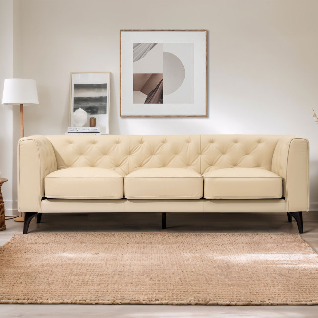 92.52 Inch 3 - Seater Genuine Leather Tufted Sofa, Beige Grain Leather Couch with Feather Fill, Extra Deep Seats – Comfy Living Room & Apartment Sofa