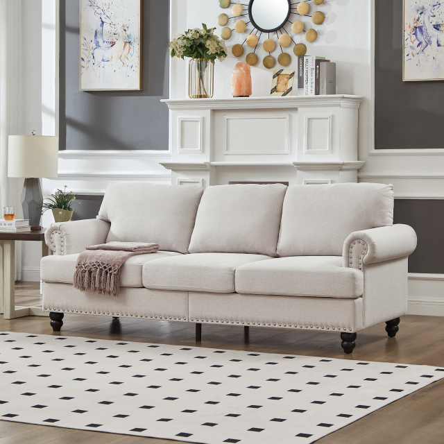 83" Modern Classic Three - Seater Living Room Sofa with Nailhead Trim, Fabric Couch, Polyester Upholstered in Beige