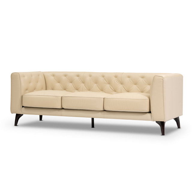 92.52 Inch 3 - Seater Genuine Leather Tufted Sofa, Beige Grain Leather Couch with Feather Fill, Extra Deep Seats – Comfy Living Room & Apartment Sofa