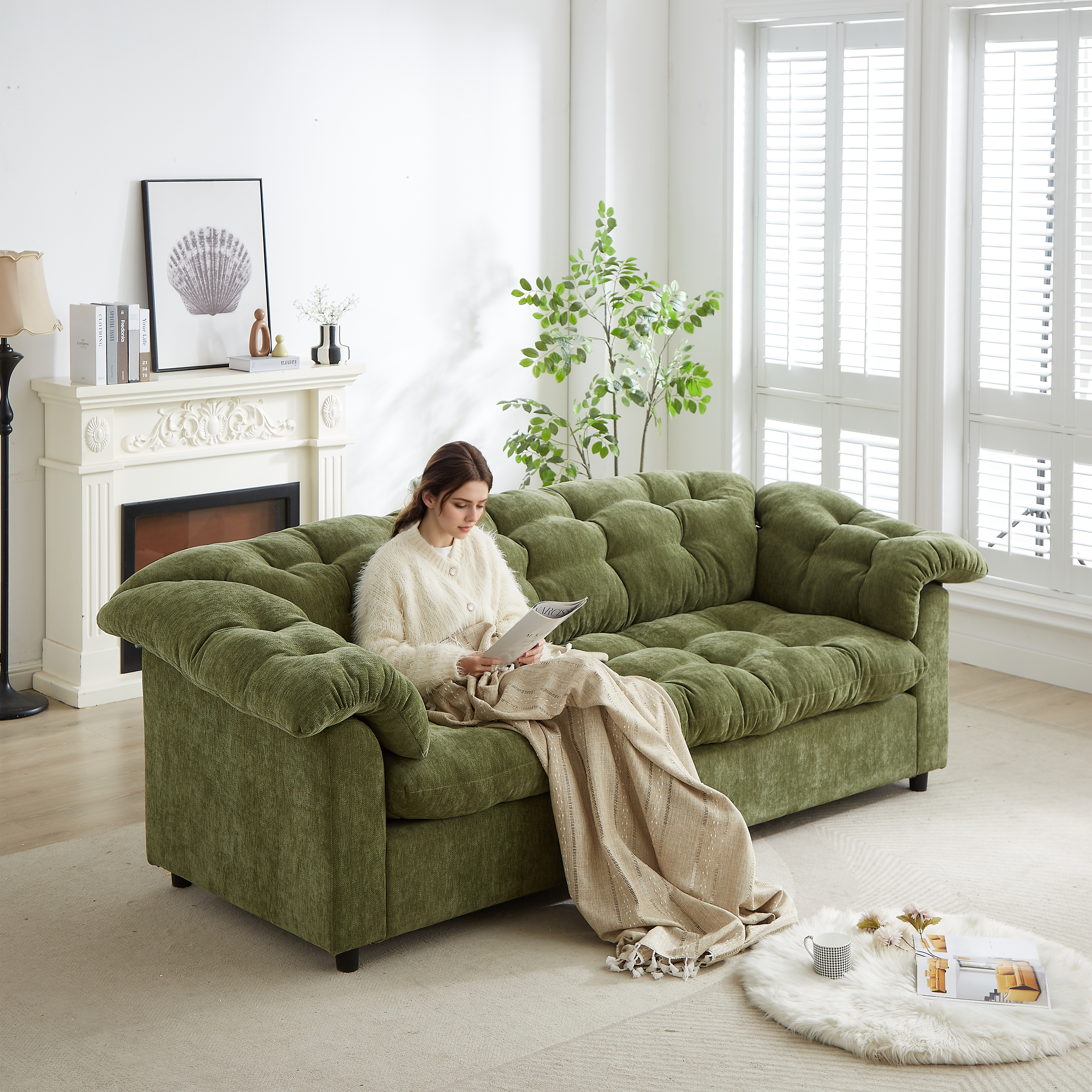 99.2" Chenille Modern Comfort Deep - Seat Sofa: An Upholstered Fluffy Cloud - Like Sofa Ideal for Living Rooms, Bedrooms, Offices and Apartments, Green
