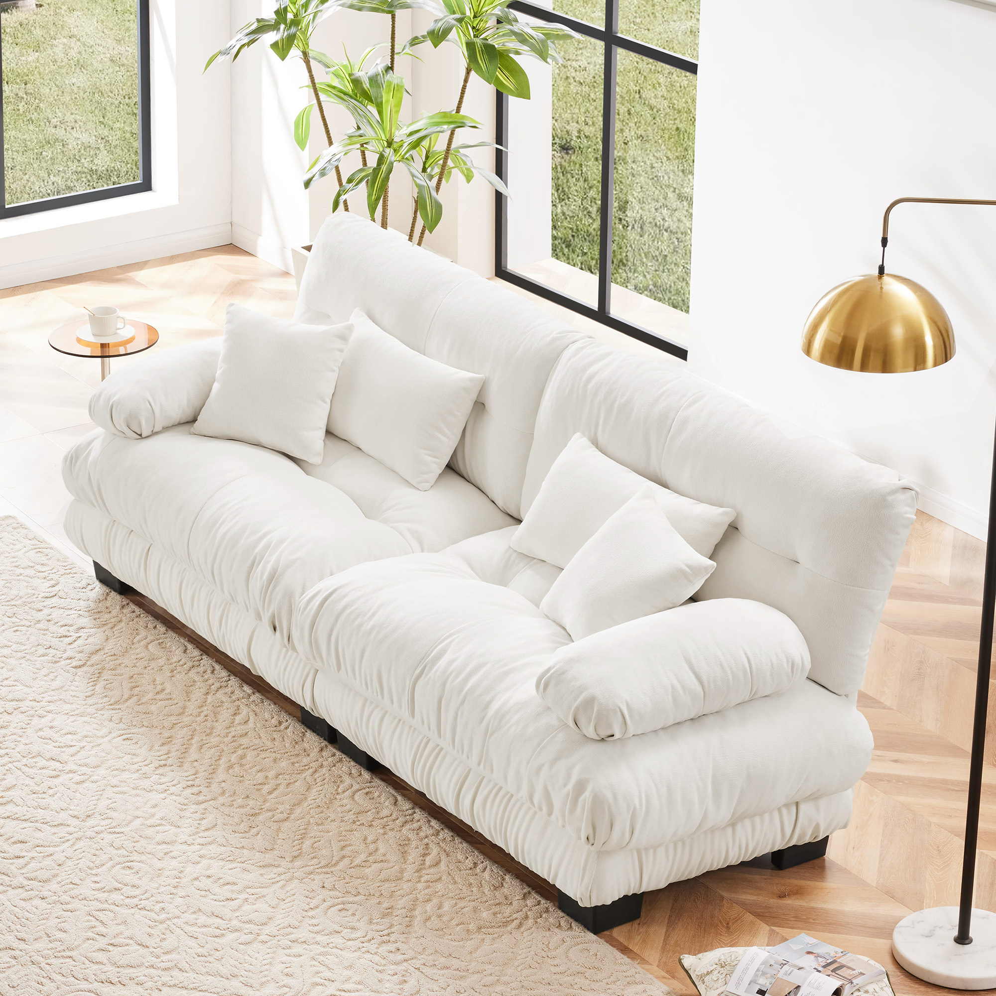 Elevate Your Living Room Ambience with This 2 - Seater Cloud Couch! Chenille White Design, Boasting 2 Lumbar Pillows & 2 Throw Pillows for Unmatched Comfort