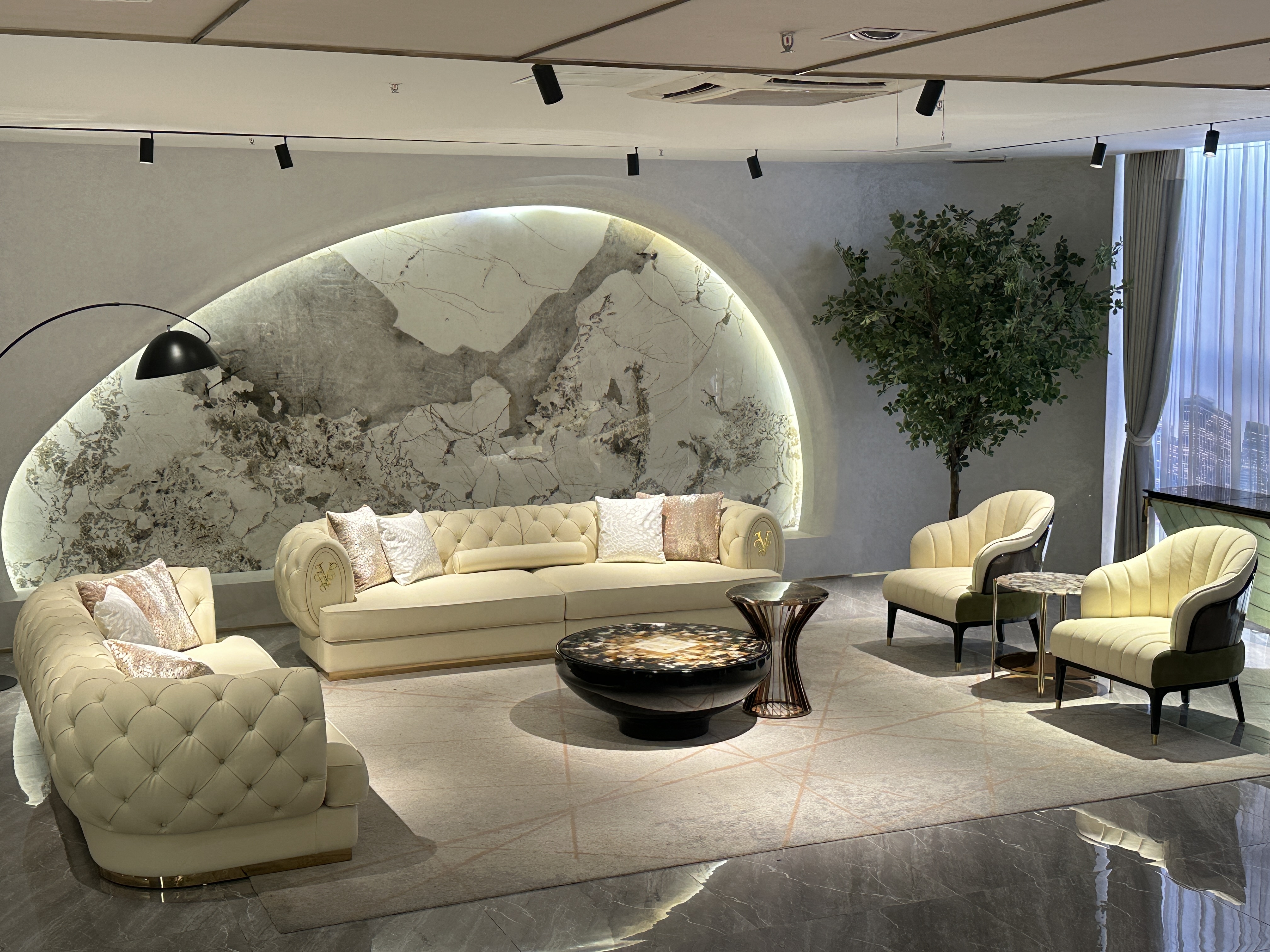 Luxury Cream Tufted Sofa with Decorative Accents