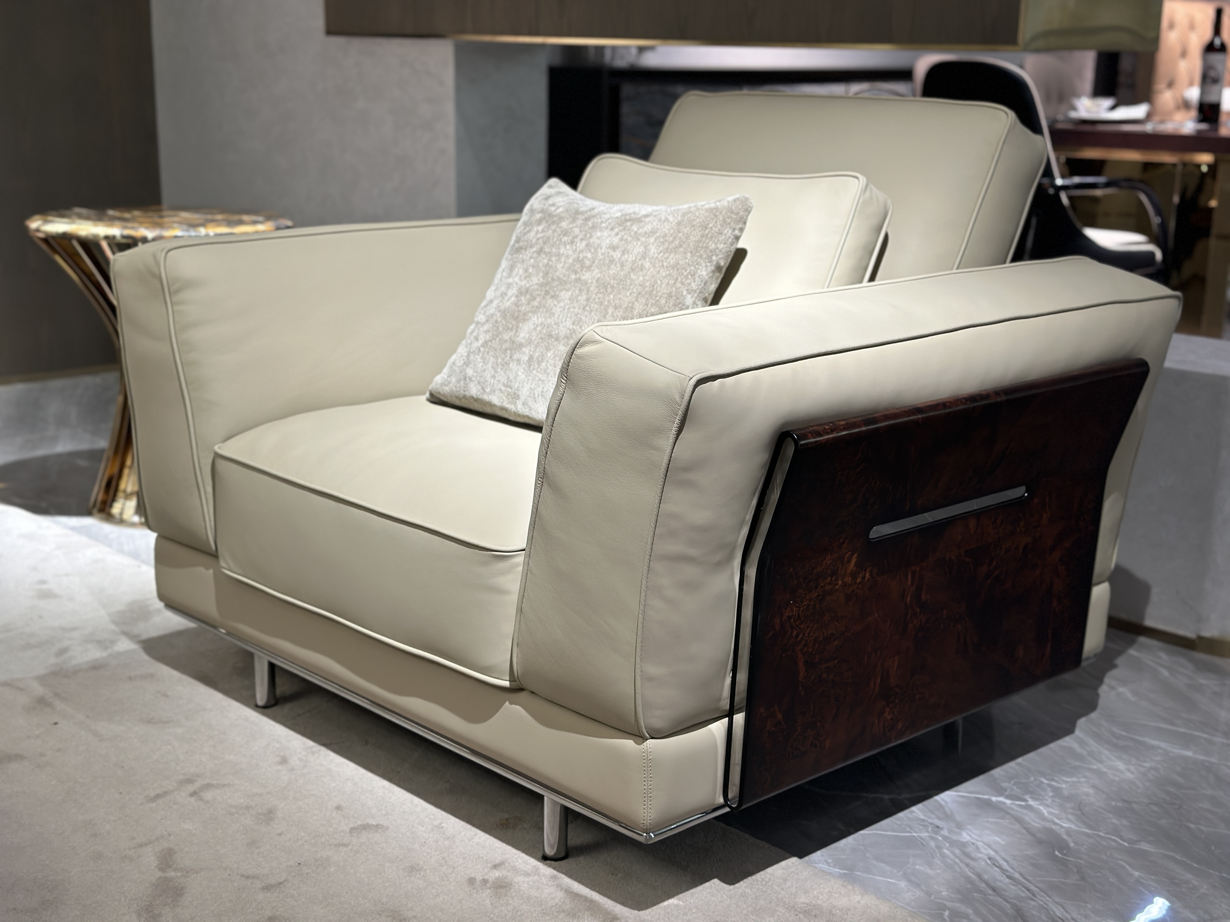 Modern Beige Leather Sofa with Accent Pillows