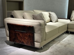 Modern Beige Leather Sofa with Accent Pillows