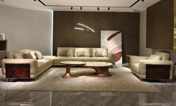 Modern Beige Leather Sofa with Accent Pillows