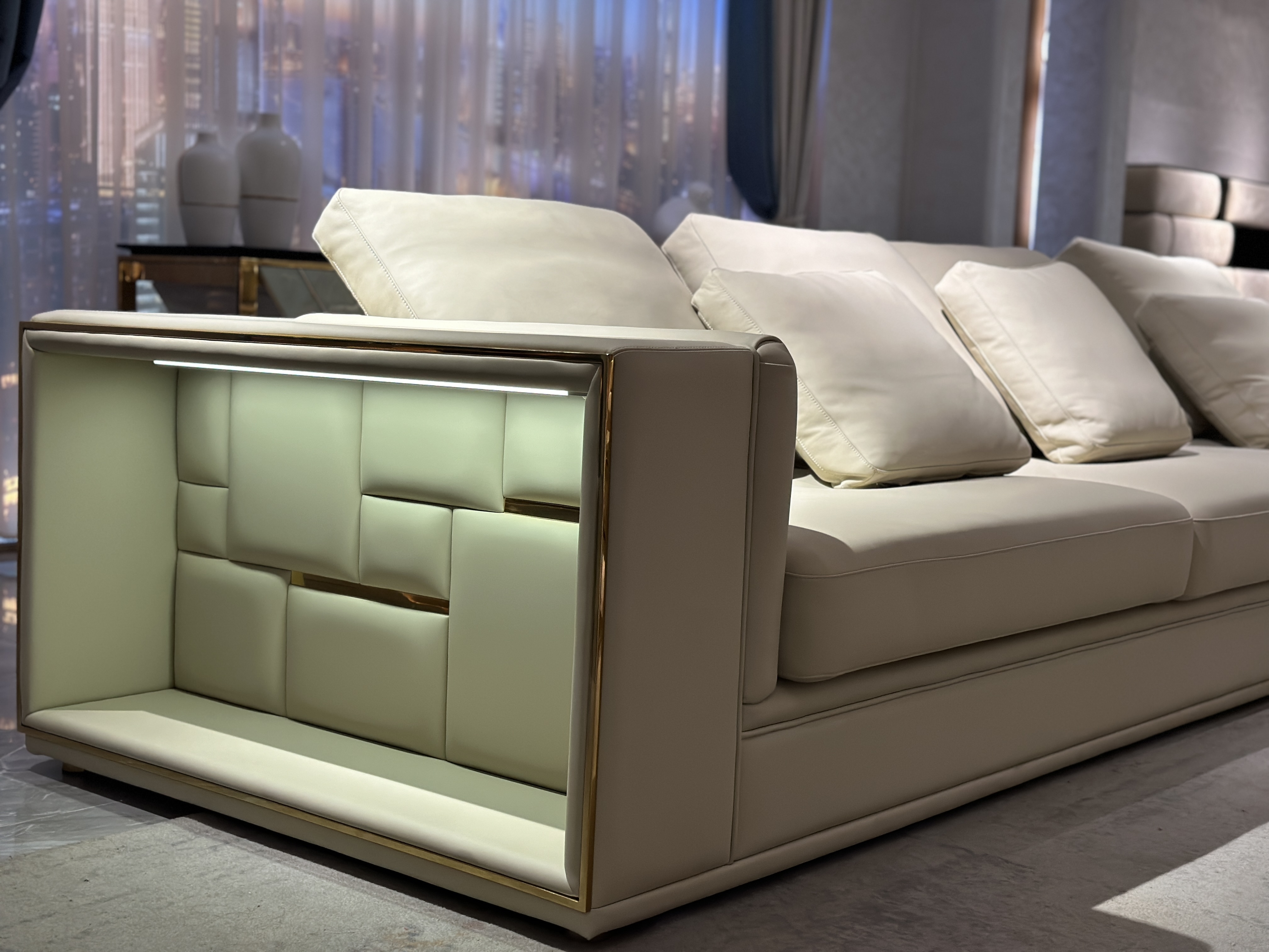 Beige Modular Sectional Sofa with Built - in Lighting and Storage