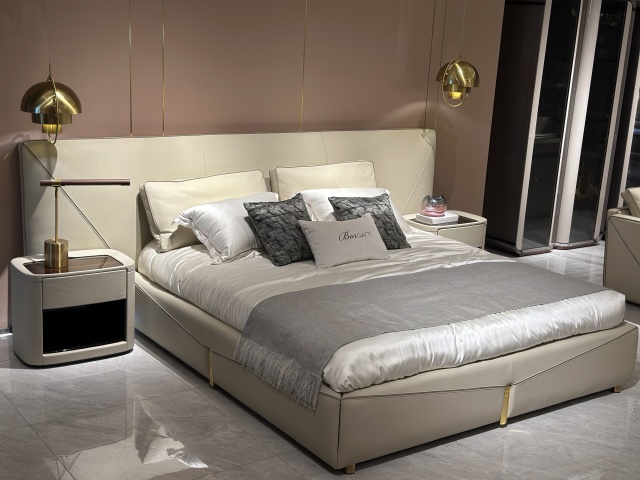 Modern Minimalist Upholstered Platform Bed in Light Beige