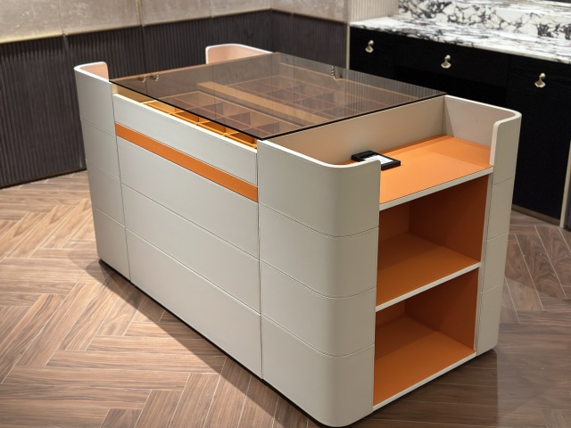 Modern Beige & Orange Accent Cabinet with Glass Top