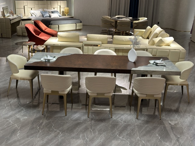 Luxury Wood and Stone Inlay Table with Gold Accents