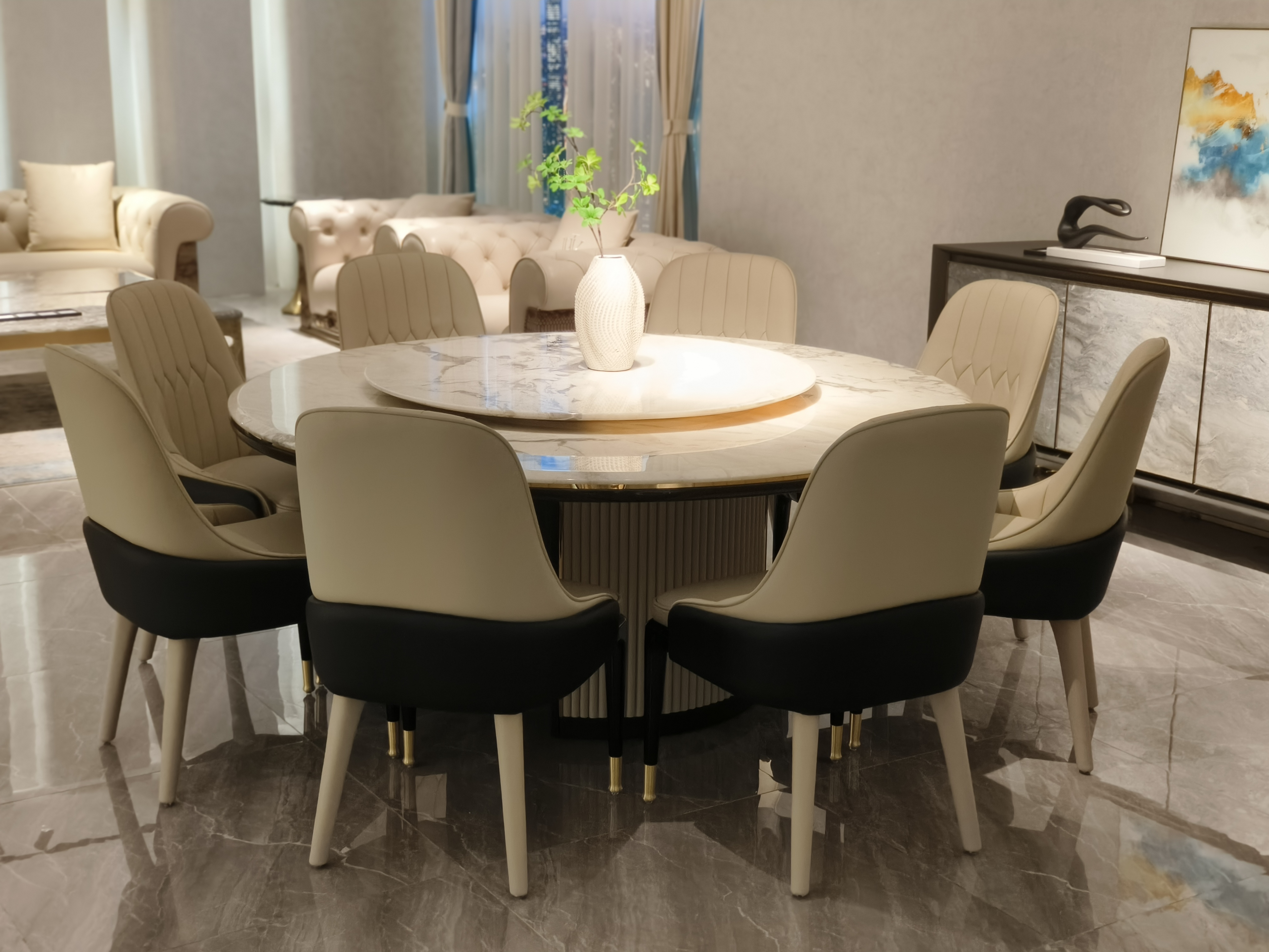 Luxury Marble Round Dining Table with Rotating Centerpiece