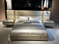 Luxury Upholstered Bed with Integrated Nightstand & Gold Accents