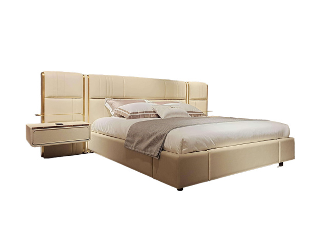 Luxury Upholstered Bed with Integrated Nightstand & Gold Accents
