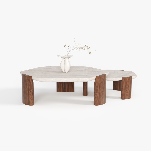 Round Stone Top Solid Wood Leg Coffee Table, Wabi-sabi Style Center Table for Home Living Room A003
