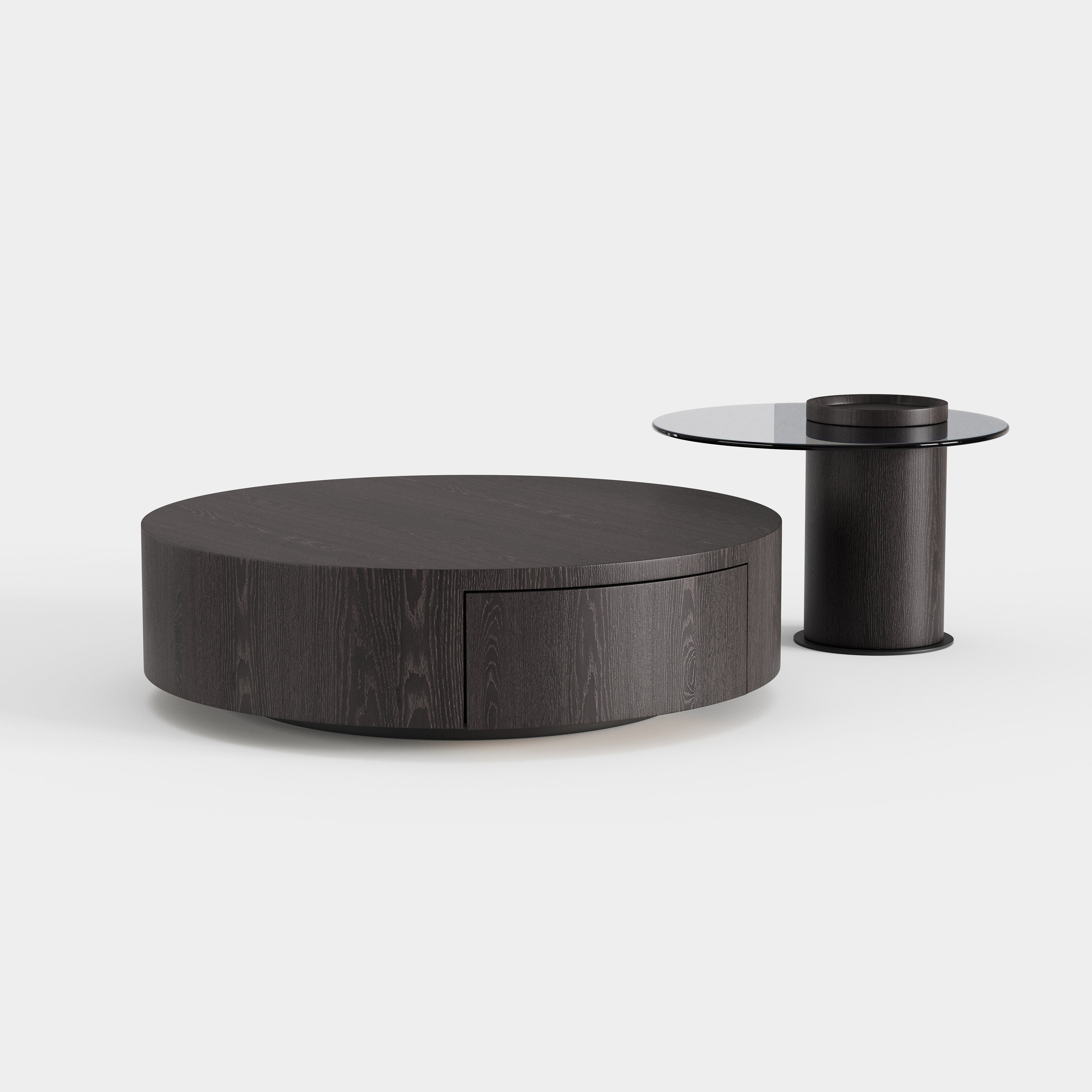 Dark Wood Grain Round Storage Coffee Table, Matching Side Table Set for Modern Living Room A012
