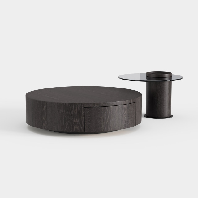 Dark Wood Grain Round Storage Coffee Table, Matching Side Table Set for Modern Living Room A012