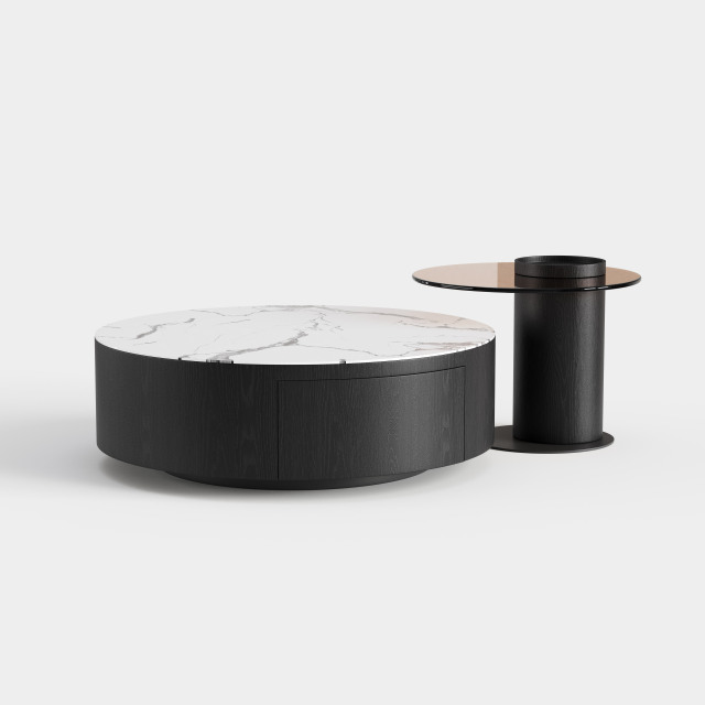 Dual-combination Round Coffee Table Set, Marble Top & Black Pedestal Center Table for High-end Residence A014