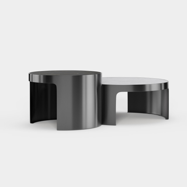 Dual Round Nesting Coffee Table Set, Black & White Stone Top Metal Base Center Table for Modern Home A018