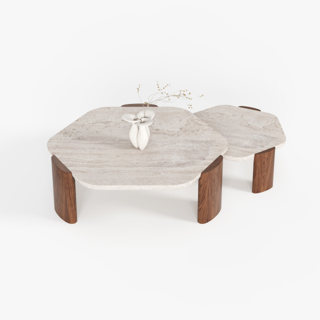 Round Stone Top Solid Wood Leg Coffee Table, Wabi-sabi Style Center Table for Home Living Room A003