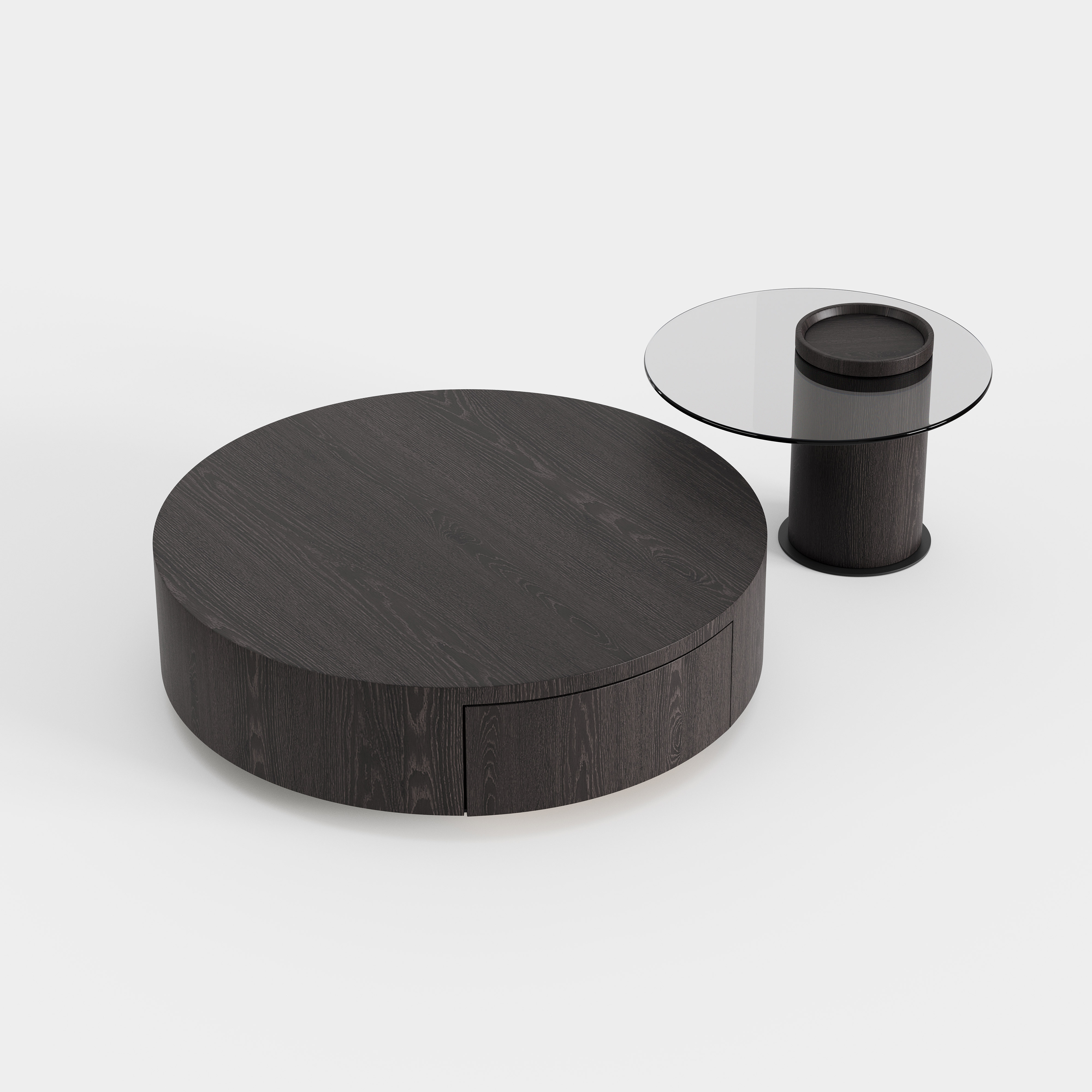 Dark Wood Grain Round Storage Coffee Table, Matching Side Table Set for Modern Living Room A012