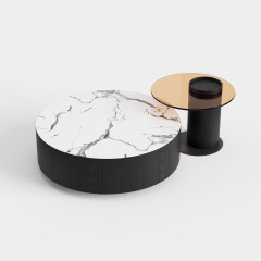 Dual-combination Round Coffee Table Set, Marble Top & Black Pedestal Center Table for High-end Residence A014