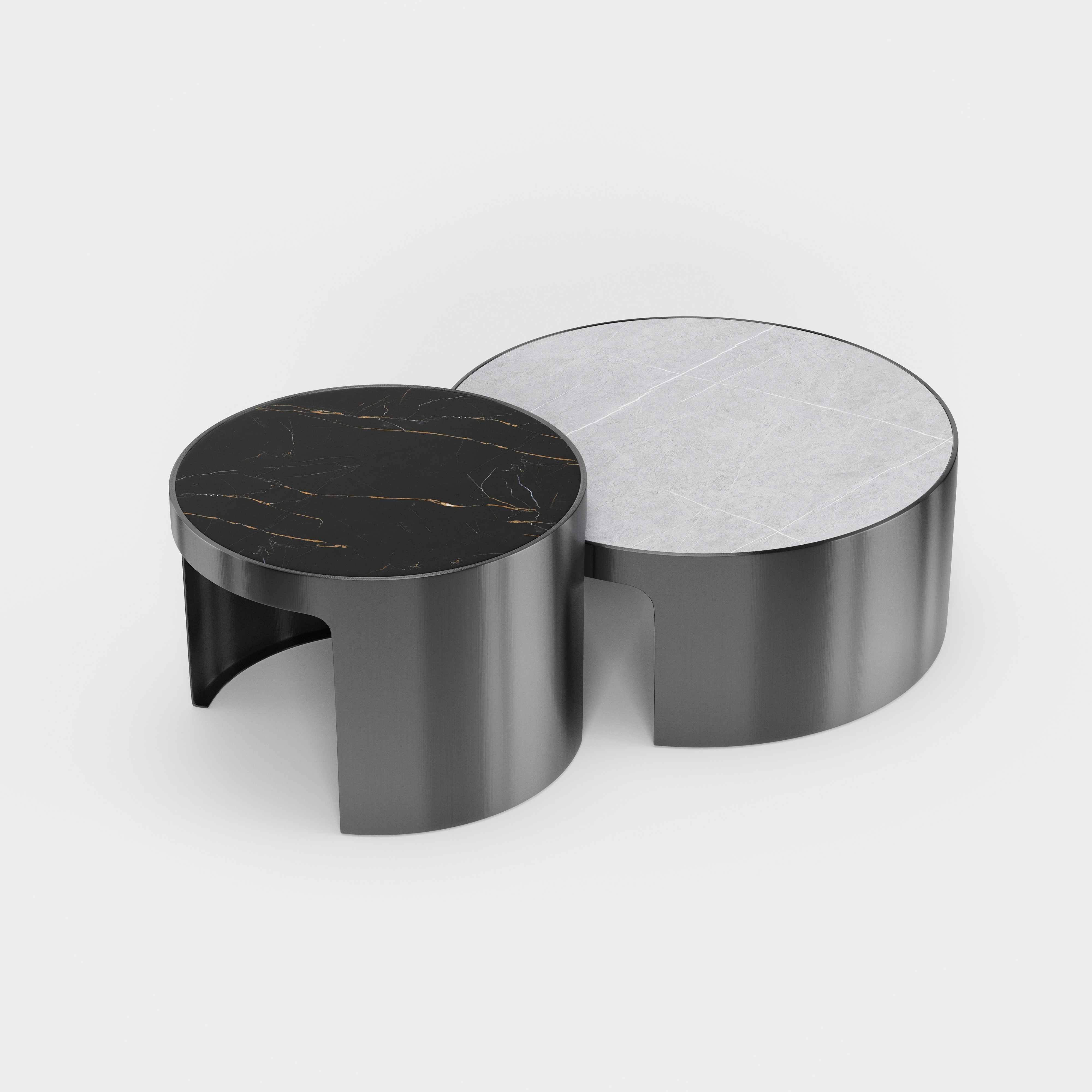 Dual Round Nesting Coffee Table Set, Black & White Stone Top Metal Base Center Table for Modern Home A018