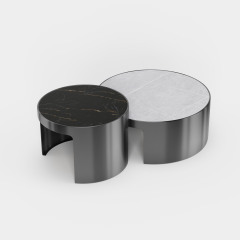 Dual Round Nesting Coffee Table Set, Black & White Stone Top Metal Base Center Table for Modern Home A018